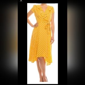 Gabby Skye - Yellow & White Polk-a-Dot Ruffle Trimmed Wrap Dress-(16)